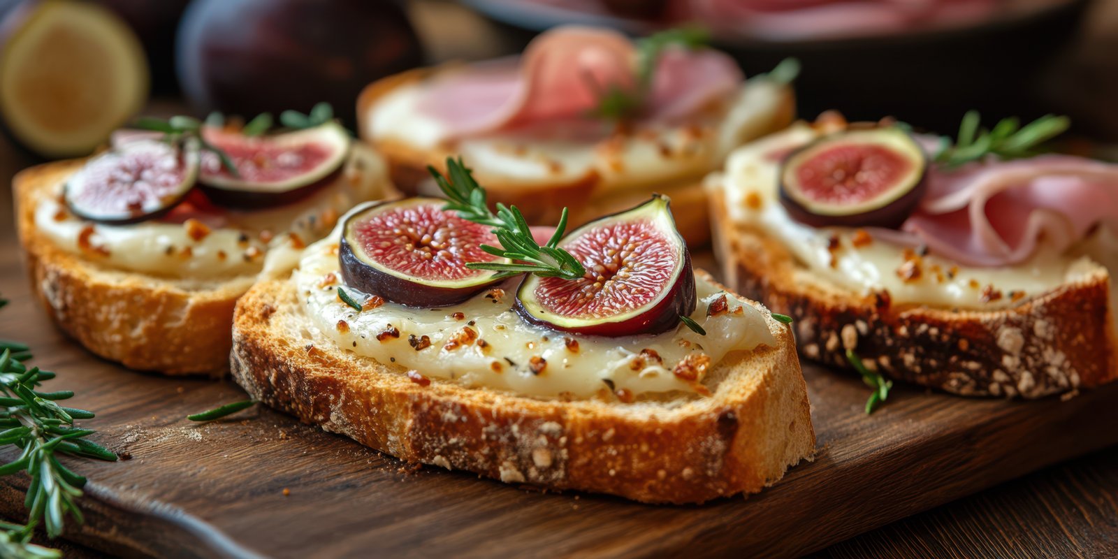 Delicious open-faced sandwiches topped with figs and ham on a wooden board